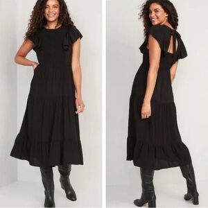 NWT Old Navy Fit & Flare Flutter-Sleeve Tiered Midi Dress – Black, Size XS